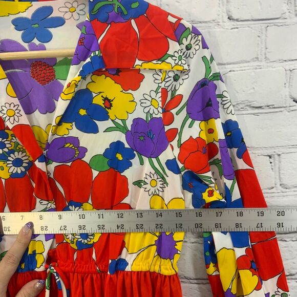Vintage 70’s Psychedelic Bright Floral Print Sheer House Lounge Dress Groovy Mod - Picture 10 of 11